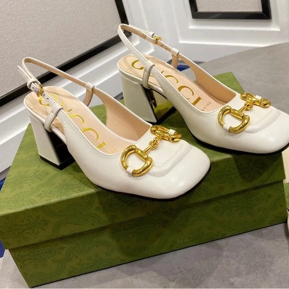 Gucci Women's White Slingback Heels with Gold Accents - Picture 5 of 5